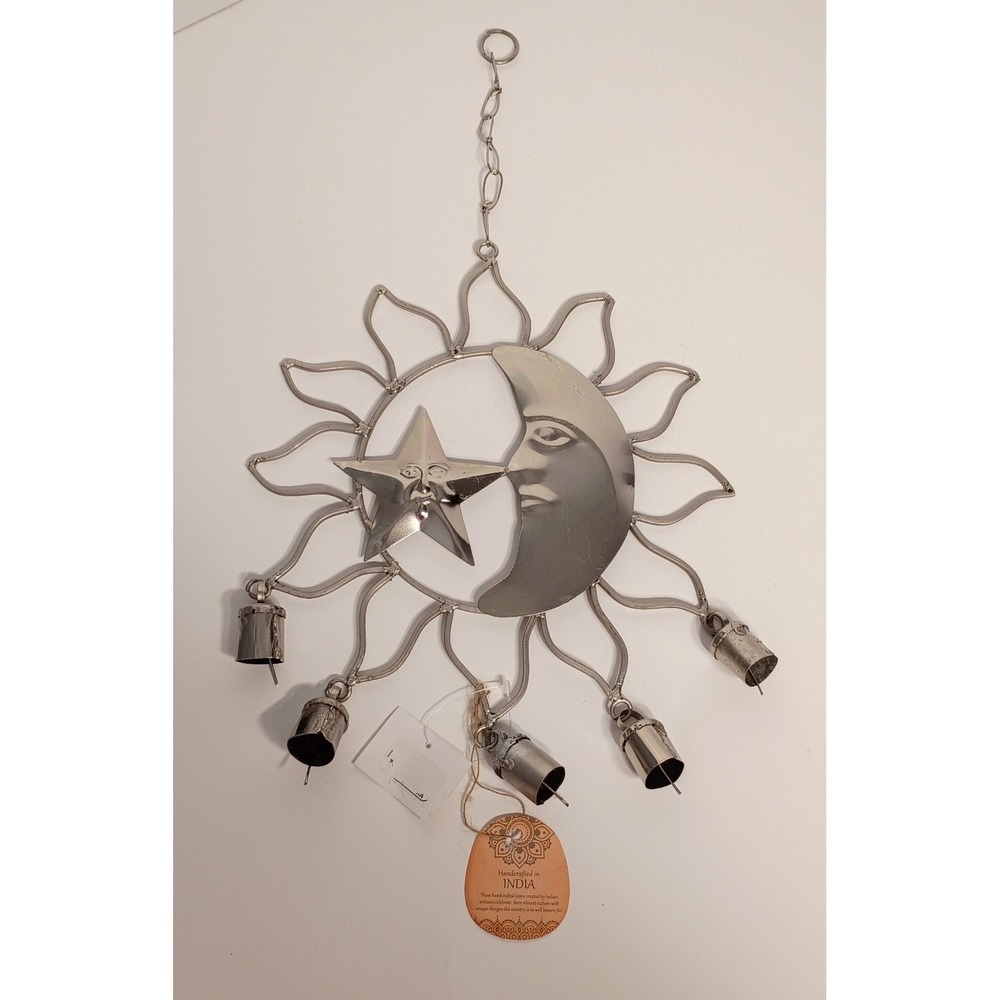 Wind Chime, Silver Sun-Moon-Star, The Trilogy, Bohemian Celestial Decor Chrome